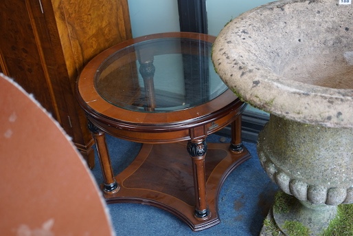 A pair of Empire style circular mahogany glass top occasional tables, larger diameter 60cm, height 61cm